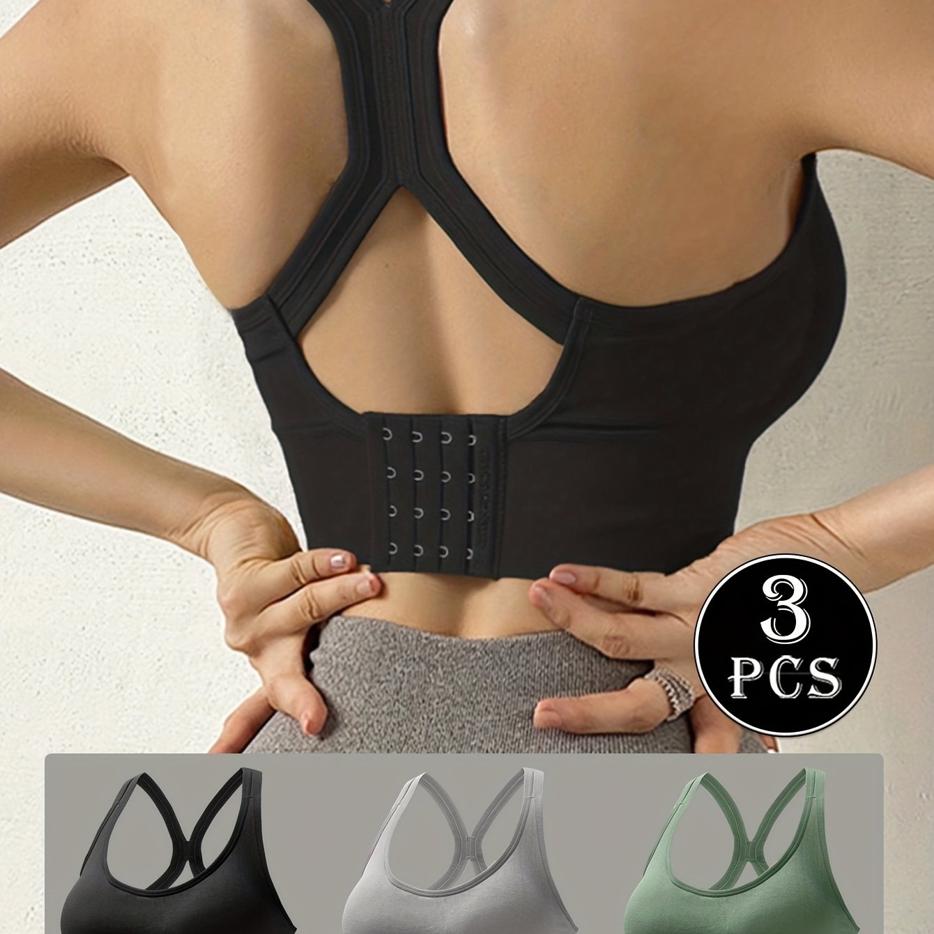 3pcs EssElegance High-Support Wire-free Push-Up Sports Bra - Seamless Breathable Design, Adjustable Hook & Anti-Shock for Yoga, Running, Training