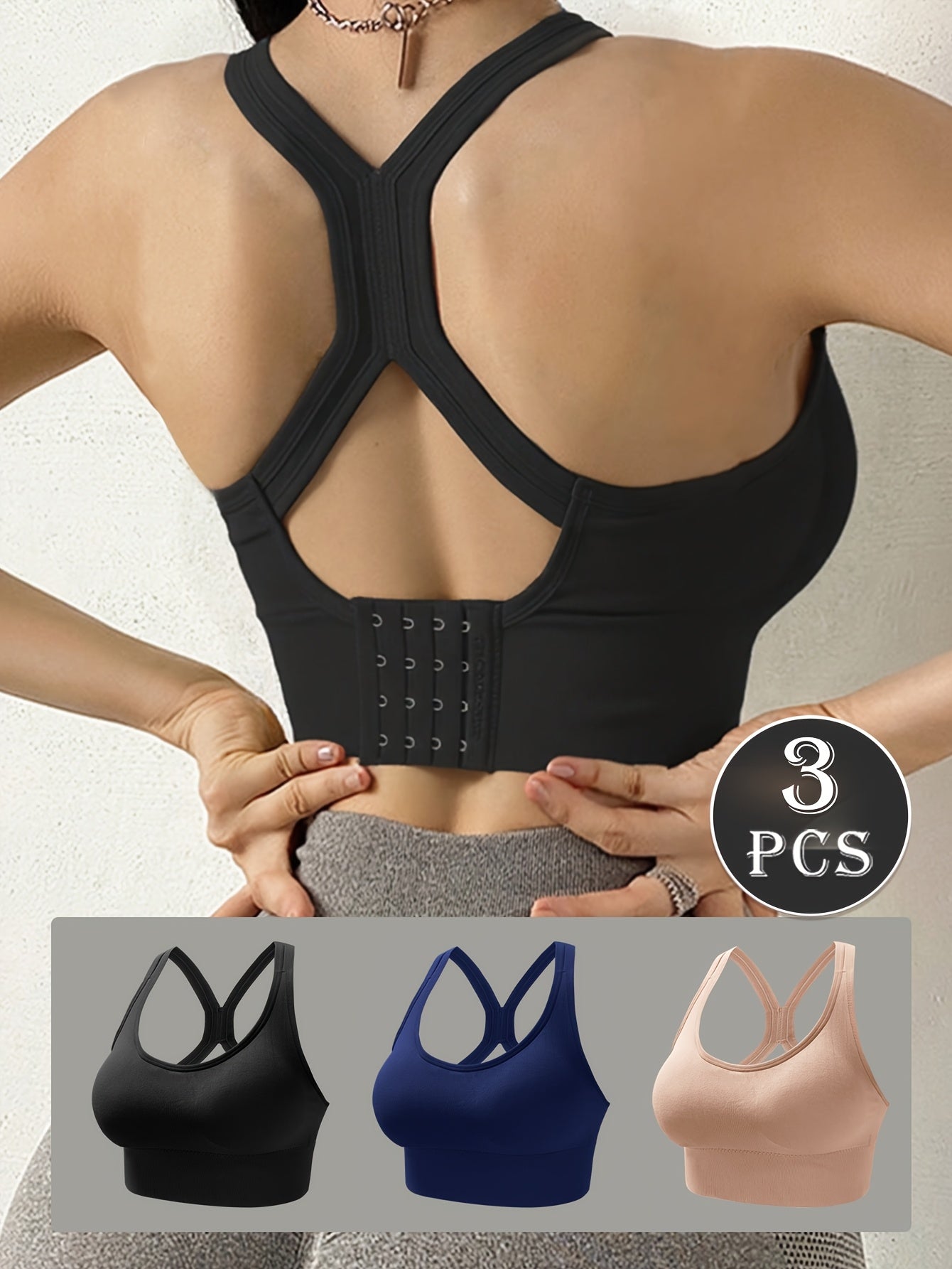 3pcs EssElegance High-Support Wire-free Push-Up Sports Bra - Seamless Breathable Design, Adjustable Hook & Anti-Shock for Yoga, Running, Training