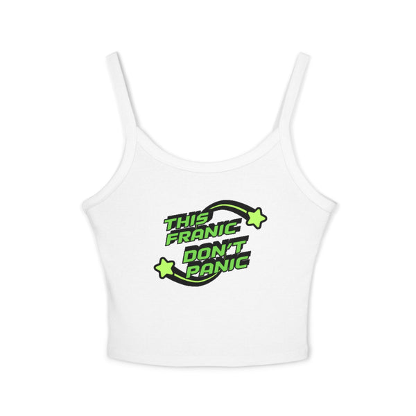 Women's Spaghetti Strap Tank Top — "This Franic Don't Panic" Neon Graphic Crop Tank