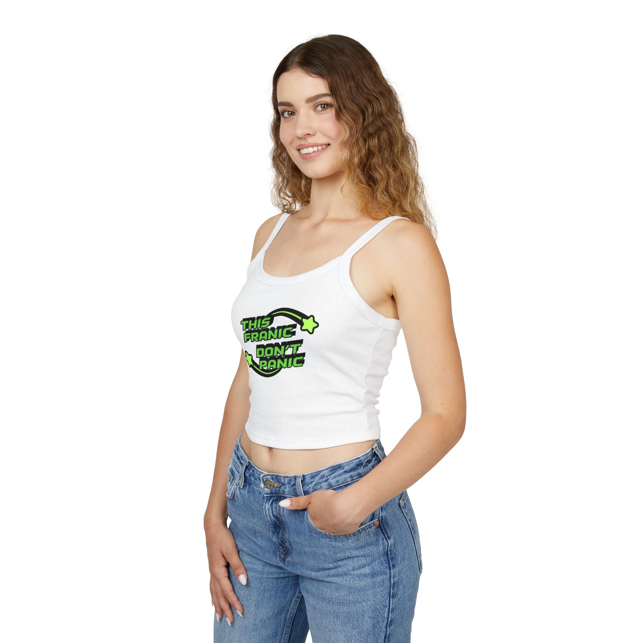 Women's Spaghetti Strap Tank Top — "This Franic Don't Panic" Neon Graphic Crop Tank