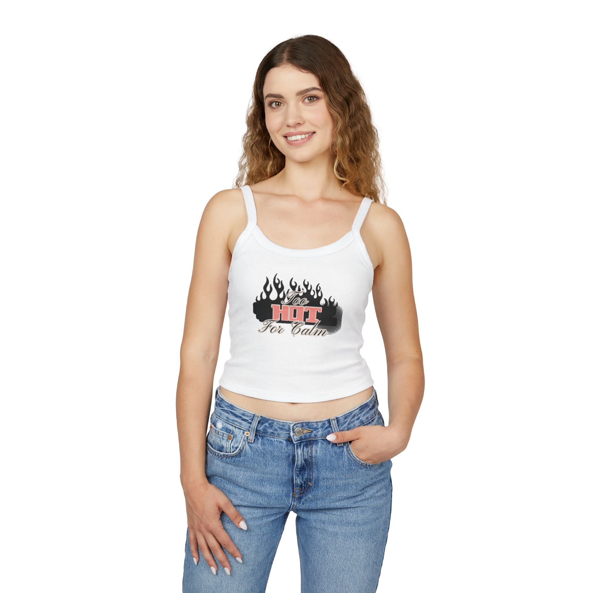 Spaghetti Tank Top — 'Too Hot For Calm' Retro Flames Graphic