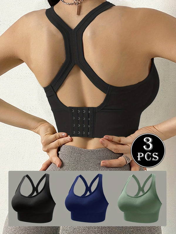 3pcs EssElegance High-Support Wire-free Push-Up Sports Bra - Seamless Breathable Design, Adjustable Hook & Anti-Shock for Yoga, Running, Training