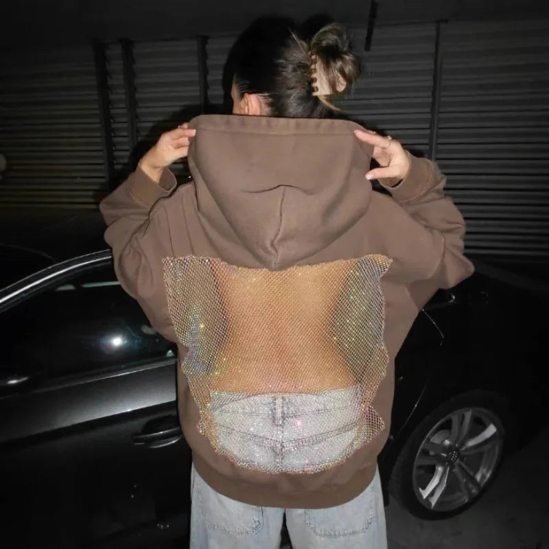 Women’s Backless Hollow Mesh Hoodie – Long Sleeve Solid Color Autumn/Winter Casual Top