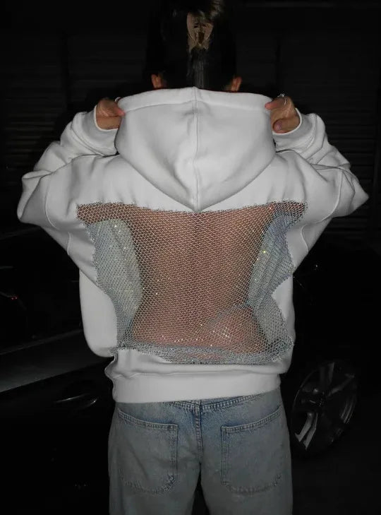 Women’s Backless Hollow Mesh Hoodie – Long Sleeve Solid Color Autumn/Winter Casual Top
