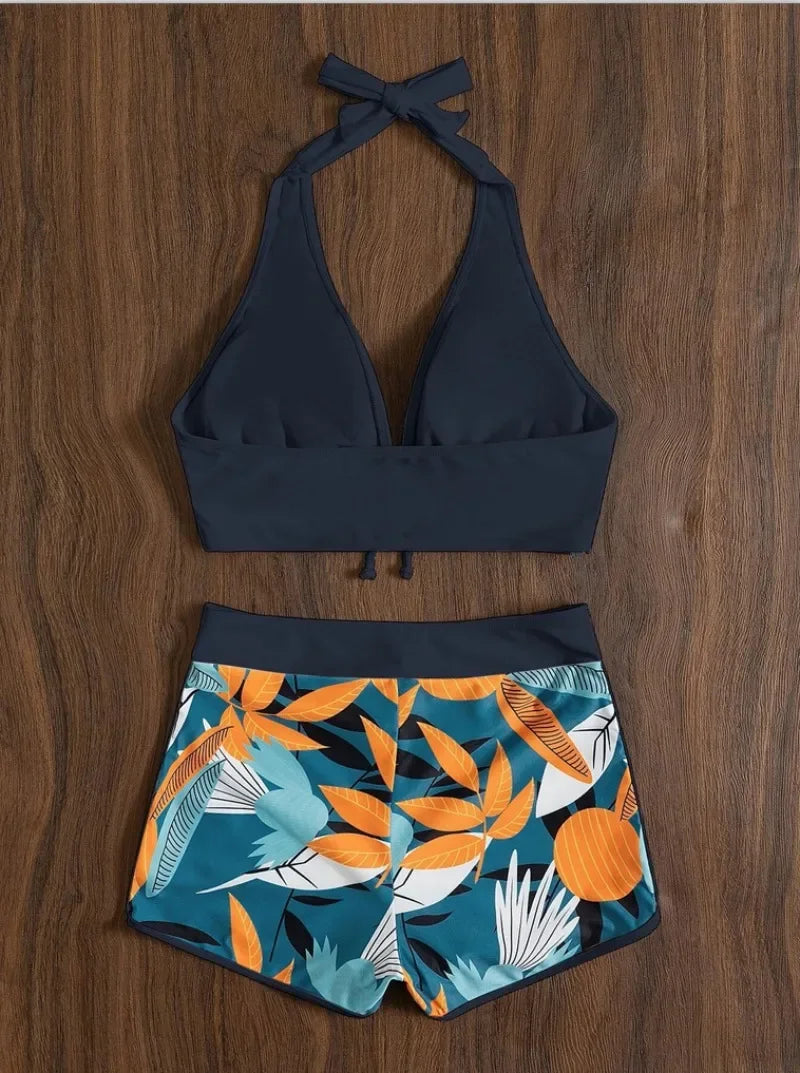 Fashion Printed Sporty Bikini Set – Women’s Lace-Up Swimwear