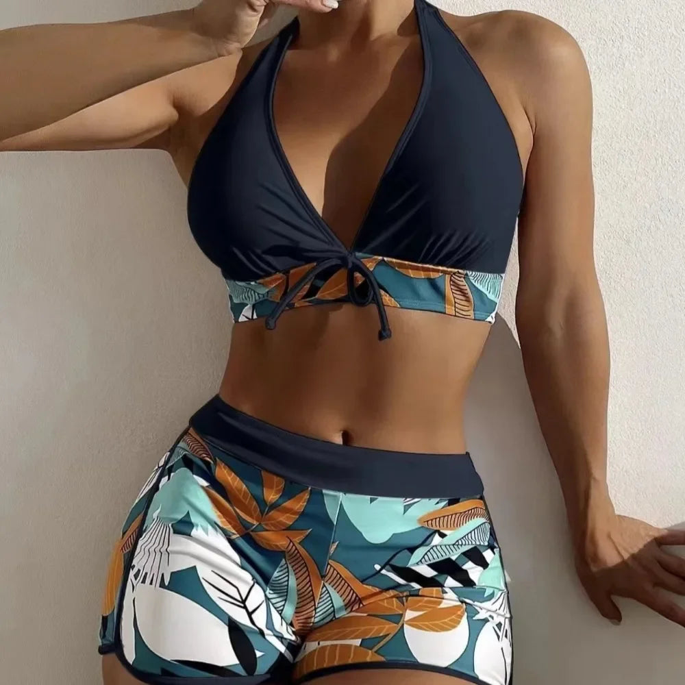 Fashion Printed Sporty Bikini Set – Women’s Lace-Up Swimwear