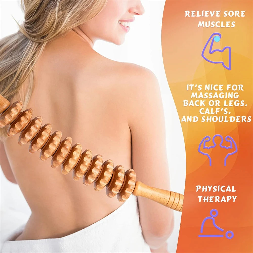 Natural Curved Wooden Massage Multi-Functional Body Roller for Cellulite Reduction & Muscle Tension