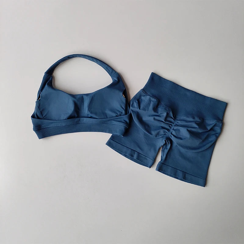 Women’s Halter Neck Sports Bra & Shorts Set – High Waist Peach Fitness & Yoga Outfit