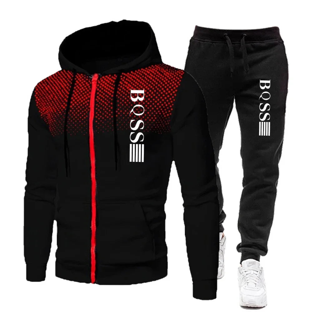 Men’s Fashion Print Tracksuit – Zipper Hoodie & Sweatpants Two-Piece Set