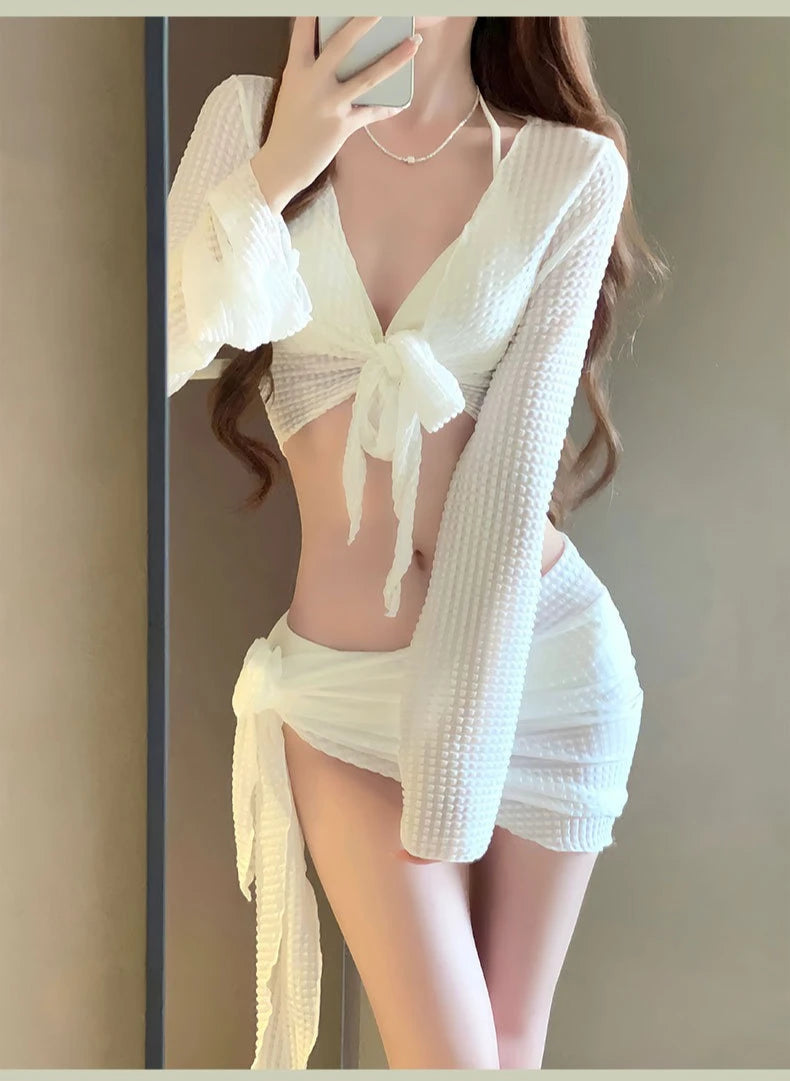 Women’s Long Sleeve Knit Bikini Set – Elegant Push-Up Swimwear with Cover-Up