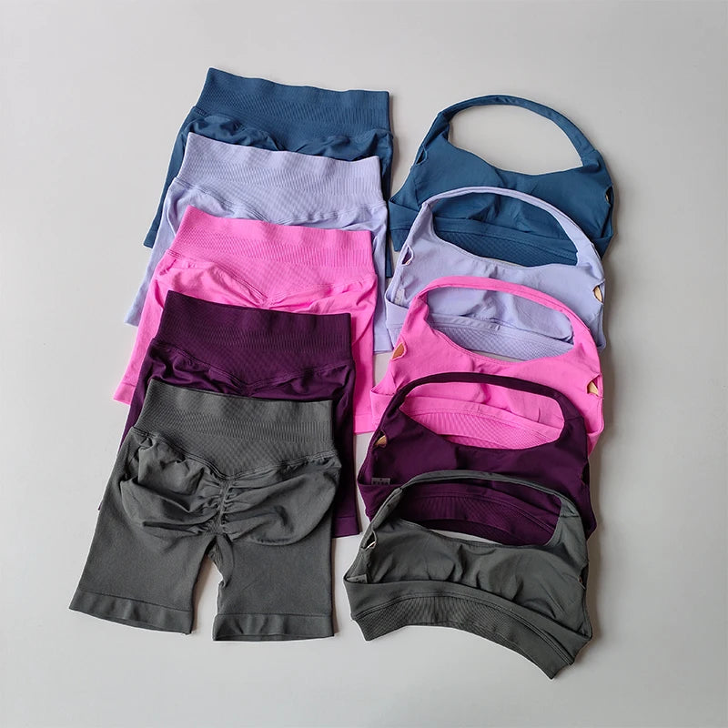 Women’s Halter Neck Sports Bra & Shorts Set – High Waist Peach Fitness & Yoga Outfit