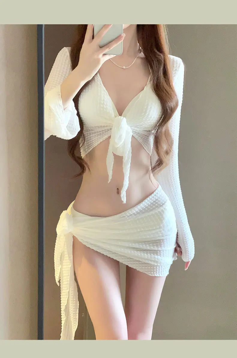 Women’s Long Sleeve Knit Bikini Set – Elegant Push-Up Swimwear with Cover-Up