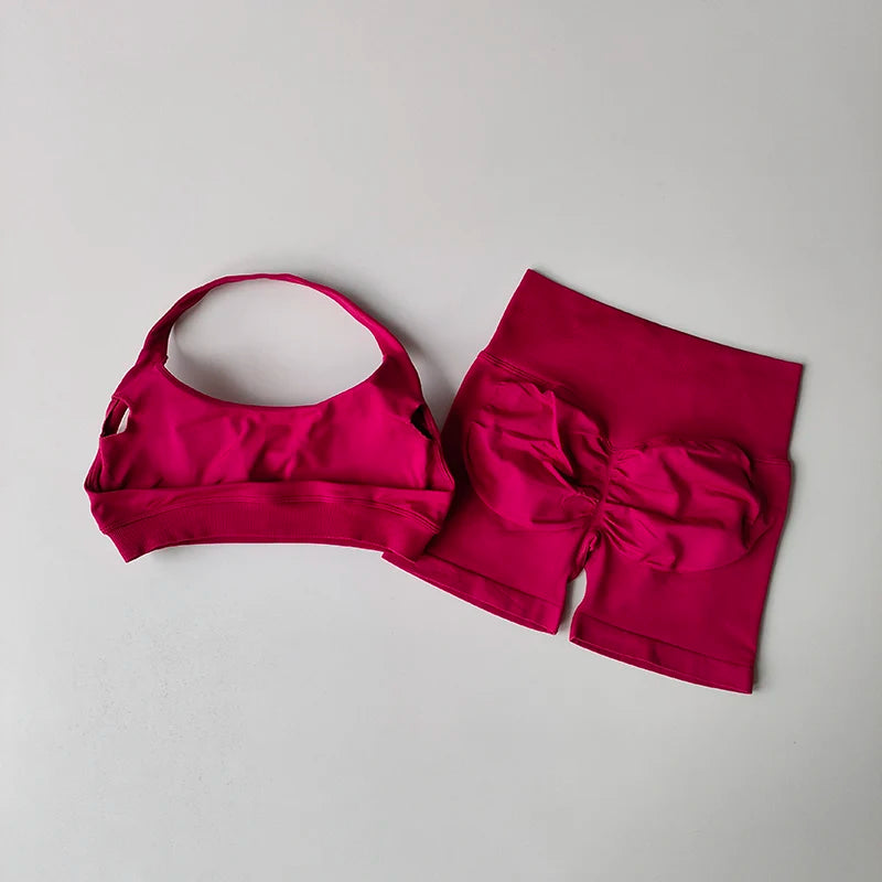 Women’s Halter Neck Sports Bra & Shorts Set – High Waist Peach Fitness & Yoga Outfit