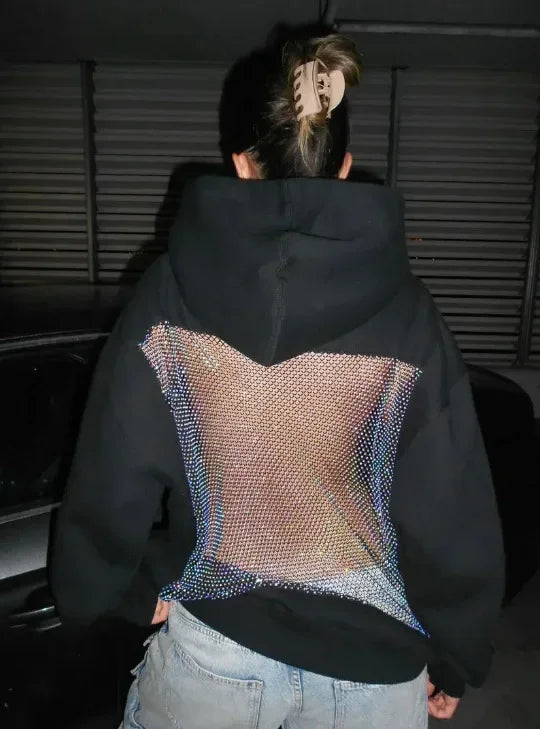 Women’s Backless Hollow Mesh Hoodie – Long Sleeve Solid Color Autumn/Winter Casual Top