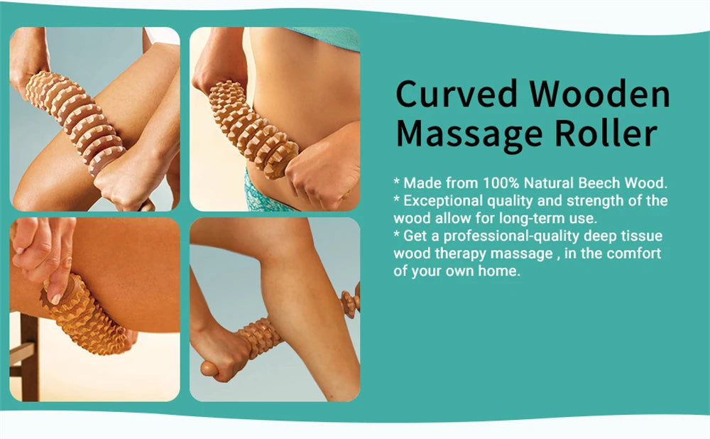 Natural Curved Wooden Massage Multi-Functional Body Roller for Cellulite Reduction & Muscle Tension