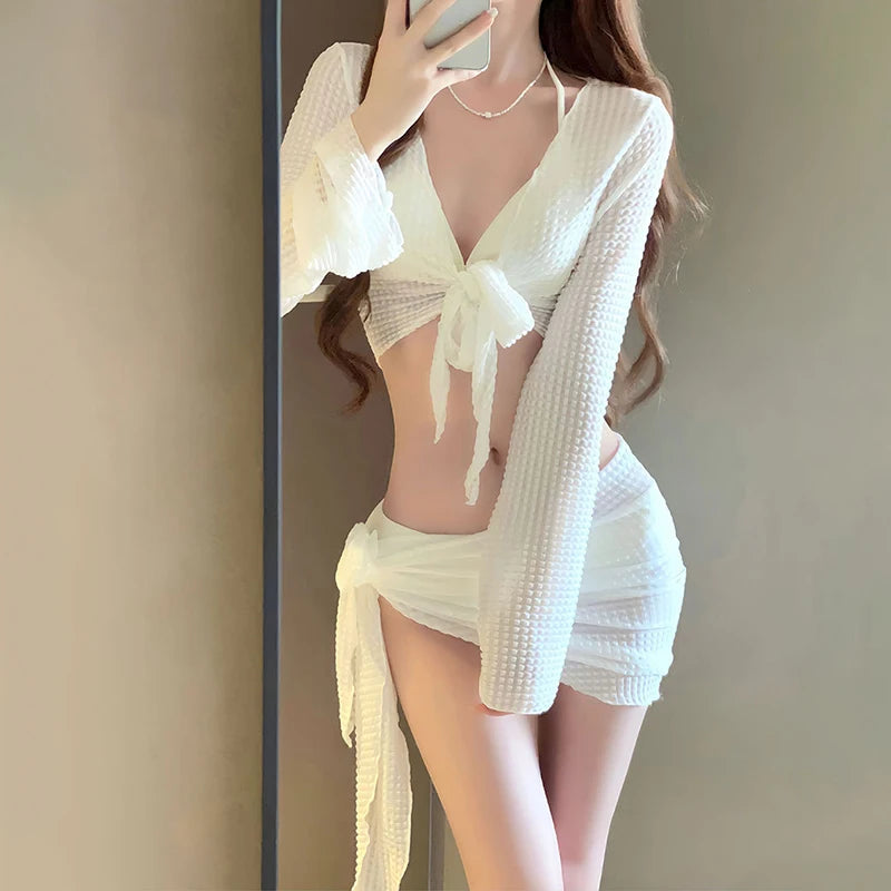 Women’s Long Sleeve Knit Bikini Set – Elegant Push-Up Swimwear with Cover-Up