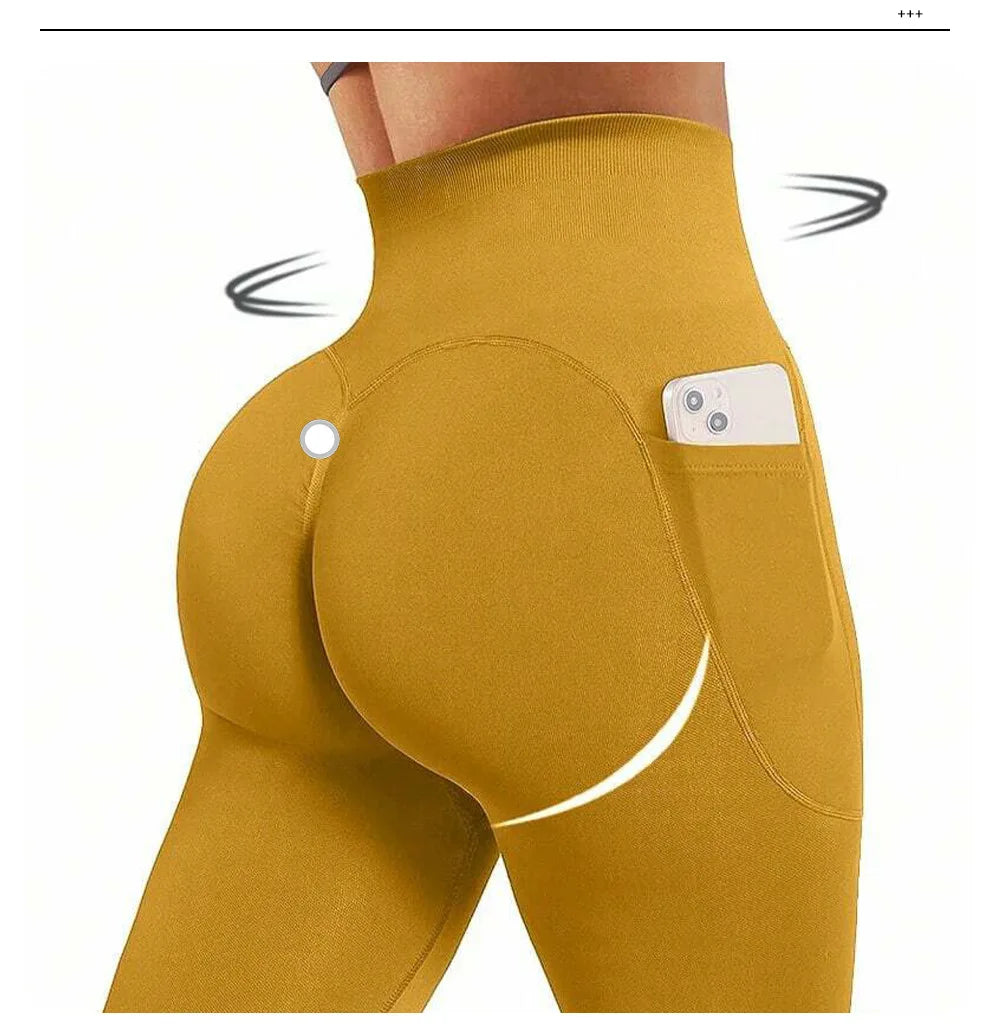 High Waist Yoga Leggings Women Fitness Workout Sport Leggings Sexy Peach Hip Pants  Stretch Double Side Pocket Tight Leggings