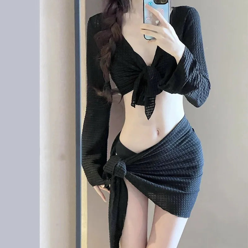 Women’s Long Sleeve Knit Bikini Set – Elegant Push-Up Swimwear with Cover-Up