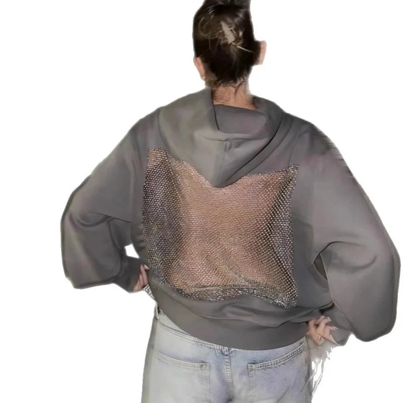 Women’s Backless Hollow Mesh Hoodie – Long Sleeve Solid Color Autumn/Winter Casual Top