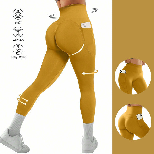High Waist Yoga Leggings Women Fitness Workout Sport Leggings Sexy Peach Hip Pants  Stretch Double Side Pocket Tight Leggings