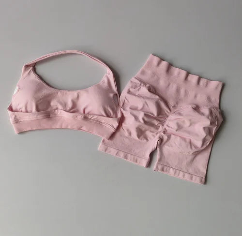 Women’s Halter Neck Sports Bra & Shorts Set – High Waist Peach Fitness & Yoga Outfit
