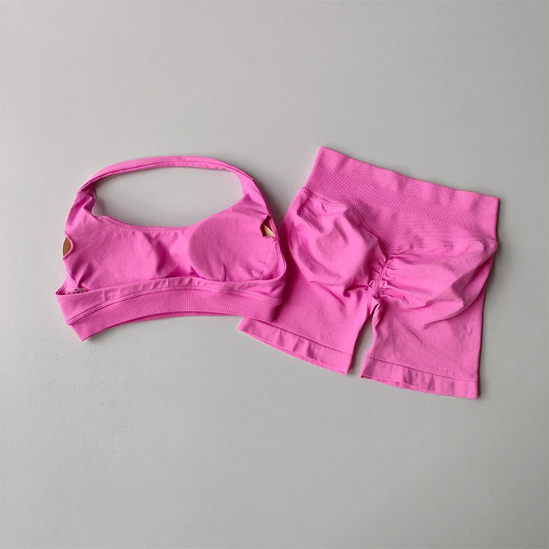 Women’s Halter Neck Sports Bra & Shorts Set – High Waist Peach Fitness & Yoga Outfit