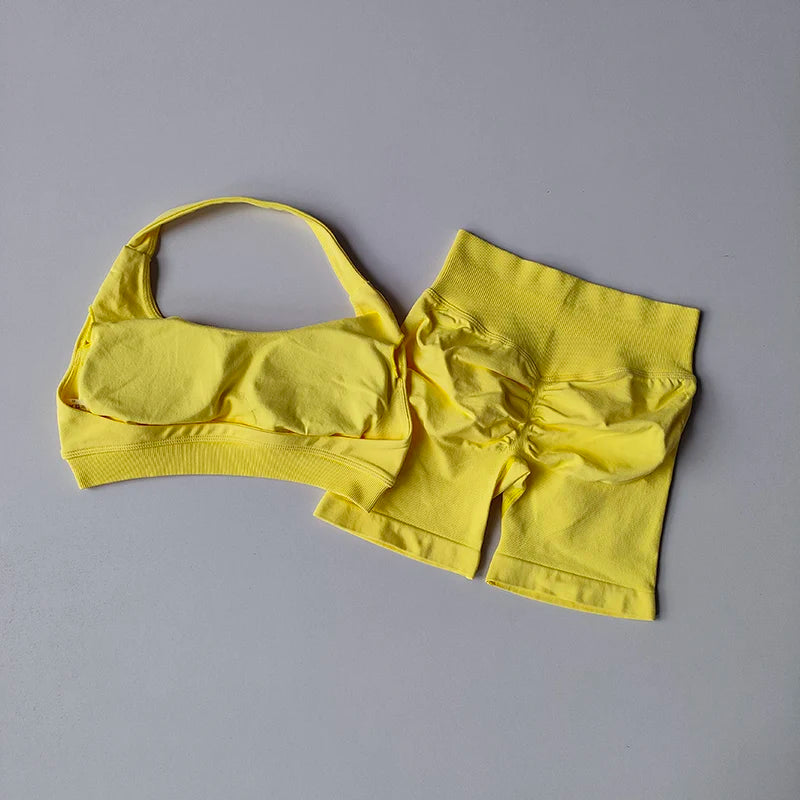 Women’s Halter Neck Sports Bra & Shorts Set – High Waist Peach Fitness & Yoga Outfit