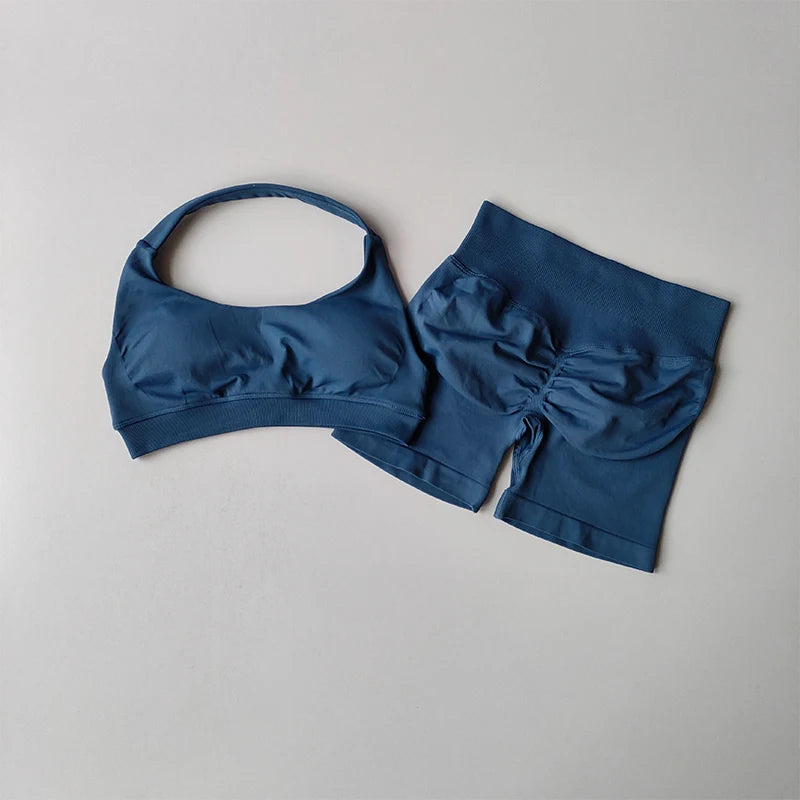 Women’s Halter Neck Sports Bra & Shorts Set – High Waist Peach Fitness & Yoga Outfit