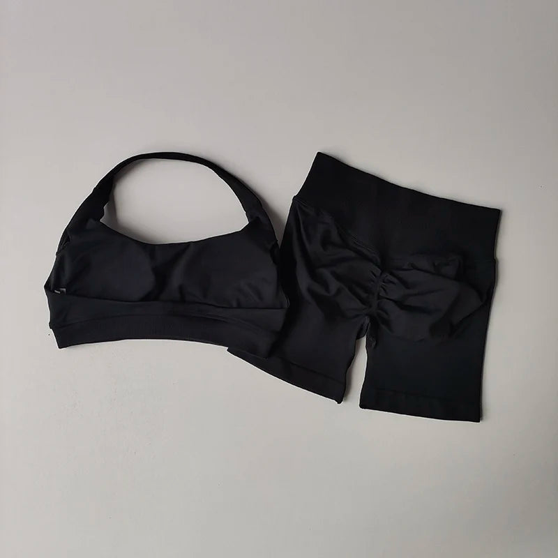 Women’s Halter Neck Sports Bra & Shorts Set – High Waist Peach Fitness & Yoga Outfit