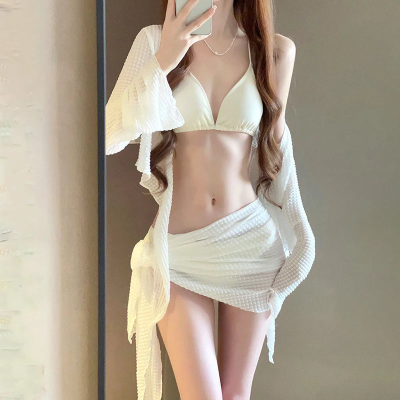 Women’s Long Sleeve Knit Bikini Set – Elegant Push-Up Swimwear with Cover-Up
