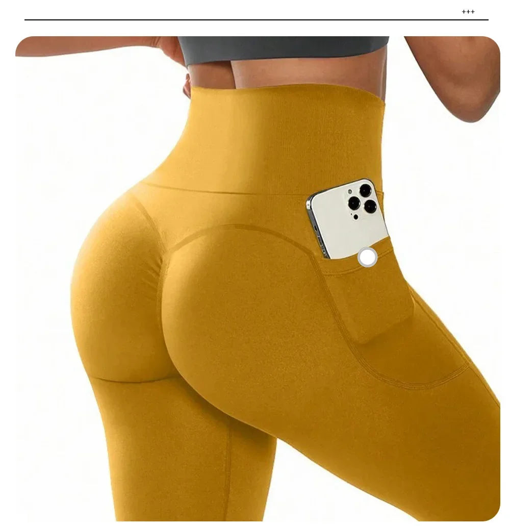 High Waist Yoga Leggings Women Fitness Workout Sport Leggings Sexy Peach Hip Pants  Stretch Double Side Pocket Tight Leggings