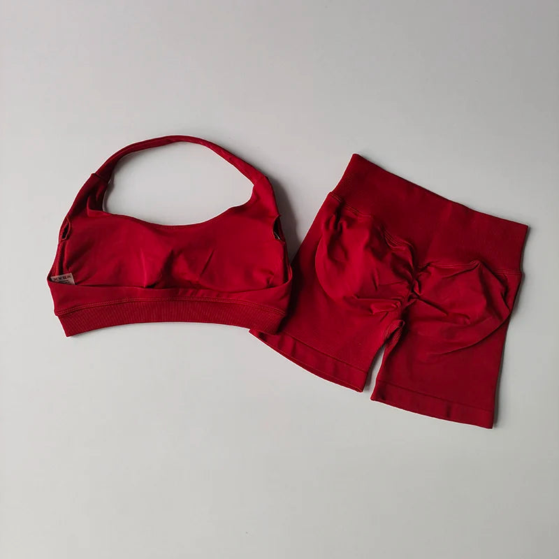 Women’s Halter Neck Sports Bra & Shorts Set – High Waist Peach Fitness & Yoga Outfit