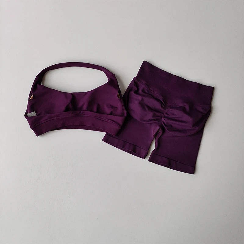 Women’s Halter Neck Sports Bra & Shorts Set – High Waist Peach Fitness & Yoga Outfit