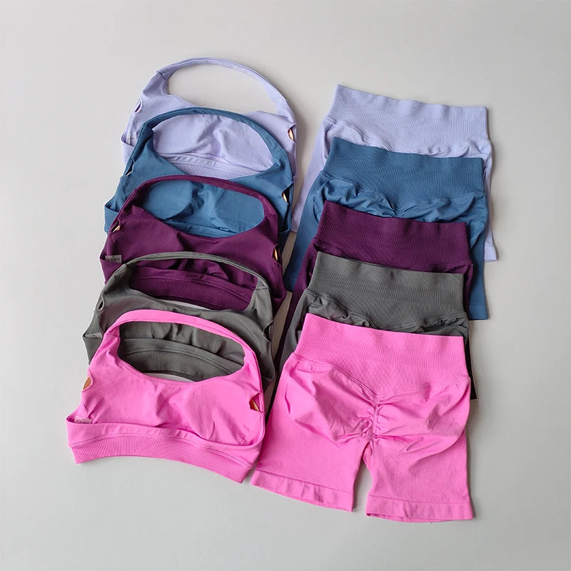 Women’s Halter Neck Sports Bra & Shorts Set – High Waist Peach Fitness & Yoga Outfit