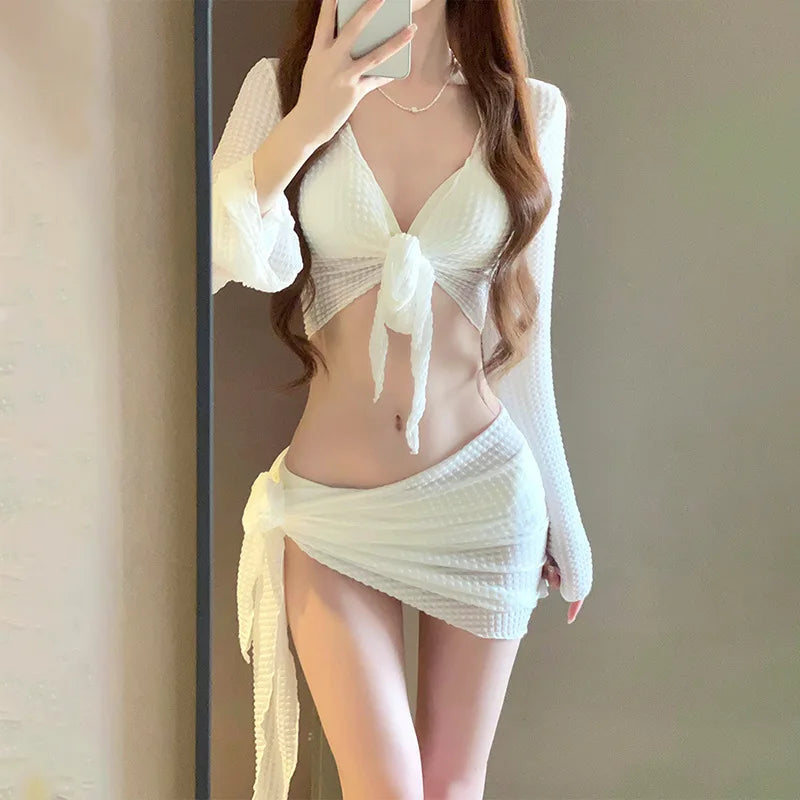 Women’s Long Sleeve Knit Bikini Set – Elegant Push-Up Swimwear with Cover-Up
