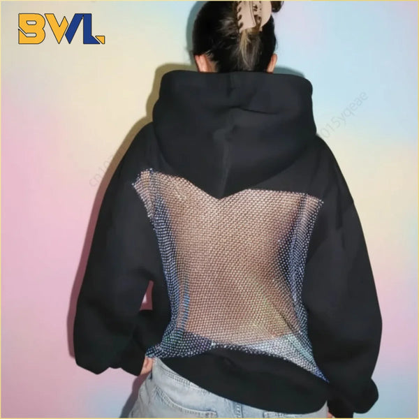 Women’s Backless Hollow Mesh Hoodie – Long Sleeve Solid Color Autumn/Winter Casual Top