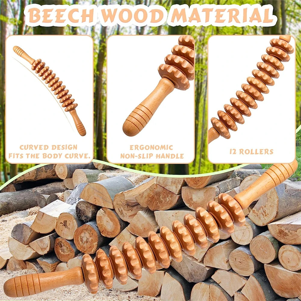 Natural Curved Wooden Massage Multi-Functional Body Roller for Cellulite Reduction & Muscle Tension