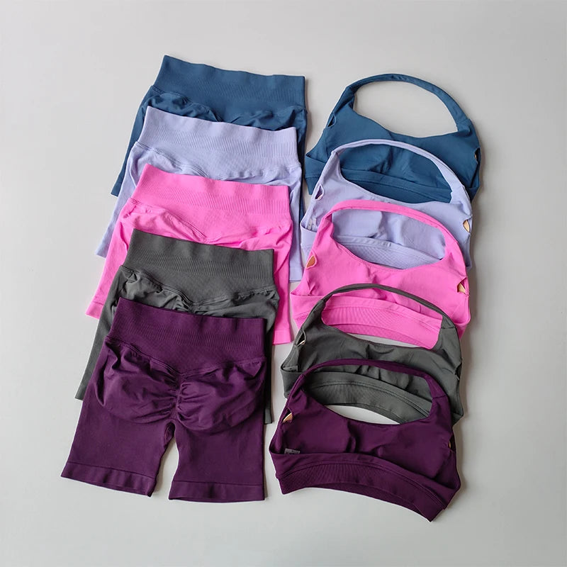 Women’s Halter Neck Sports Bra & Shorts Set – High Waist Peach Fitness & Yoga Outfit
