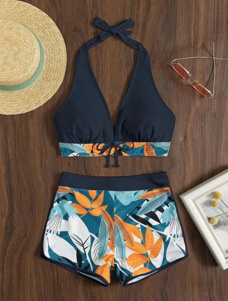 Fashion Printed Sporty Bikini Set – Women’s Lace-Up Swimwear