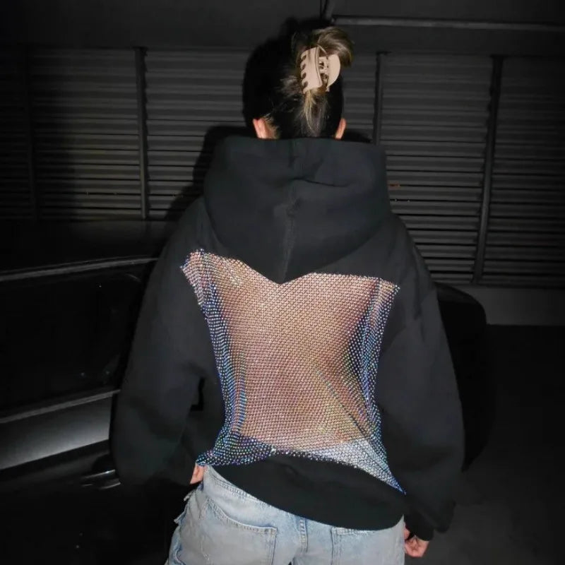 Women’s Backless Hollow Mesh Hoodie – Long Sleeve Solid Color Autumn/Winter Casual Top