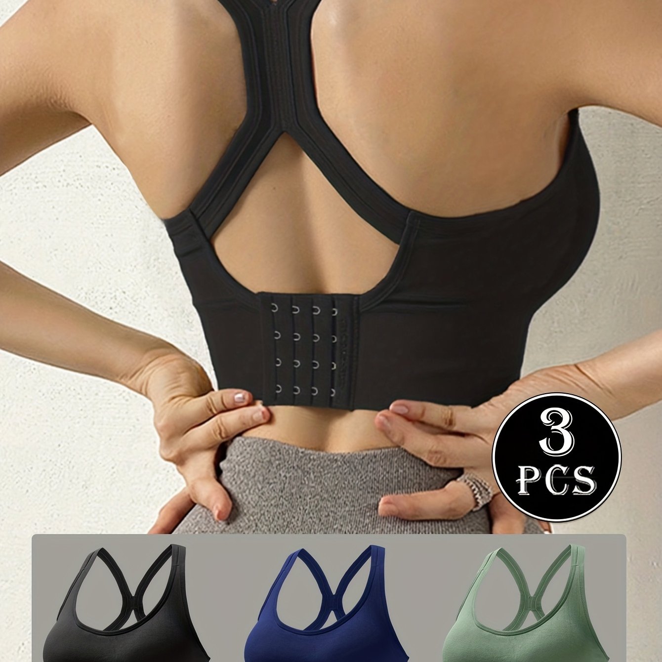 3pcs EssElegance High-Support Wire-free Push-Up Sports Bra - Seamless Breathable Design, Adjustable Hook & Anti-Shock for Yoga, Running, Training