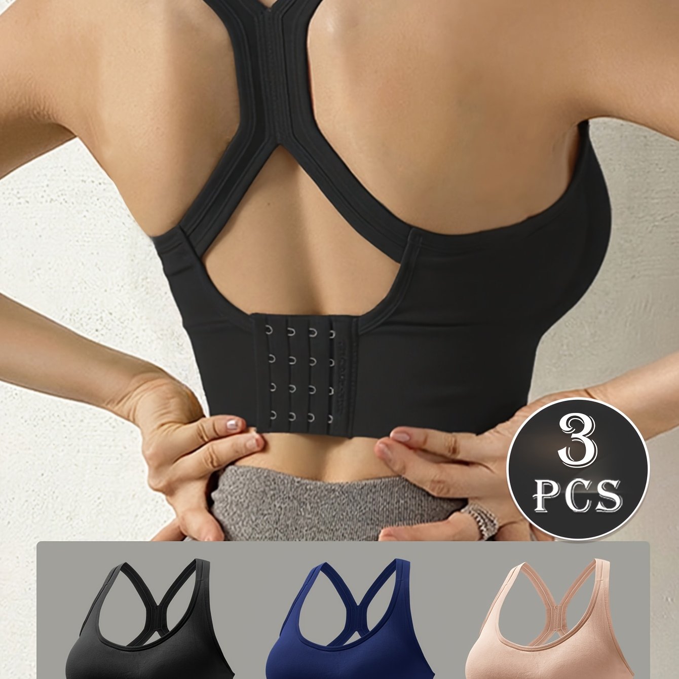 3pcs EssElegance High-Support Wire-free Push-Up Sports Bra - Seamless Breathable Design, Adjustable Hook & Anti-Shock for Yoga, Running, Training