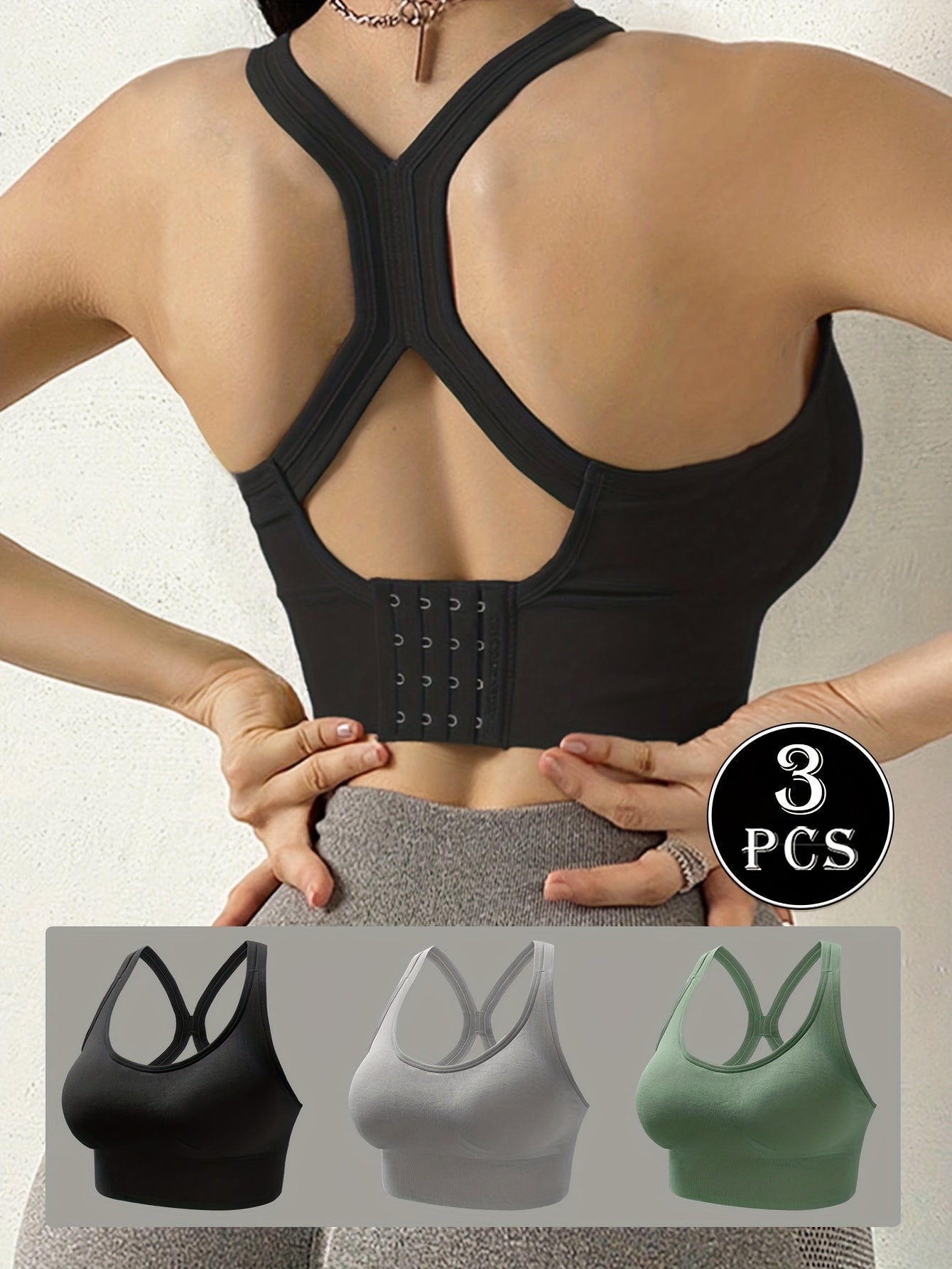 3pcs EssElegance High-Support Wire-free Push-Up Sports Bra - Seamless Breathable Design, Adjustable Hook & Anti-Shock for Yoga, Running, Training